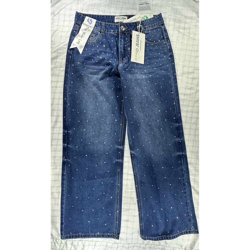 NWT Gogo Jeans Wide Leg Rhinestone Studded Denim Blue Jeans Women’s Size 11/30